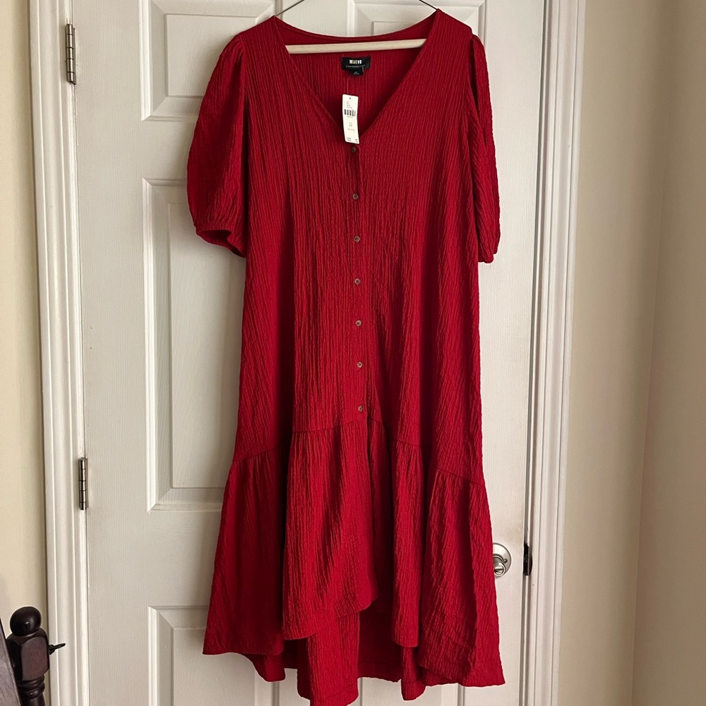 Red Maeve Anthropologie Dress, Puff Sleeves, Drop Waist, Peasant, Crinkle, Boho